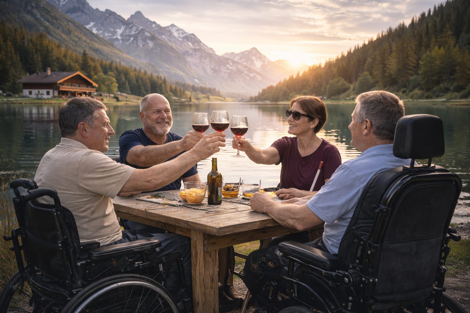 Vier Freunde, zwei davon im Rollstuhl, stossen bei Sonnenuntergang am See gemeinsam an